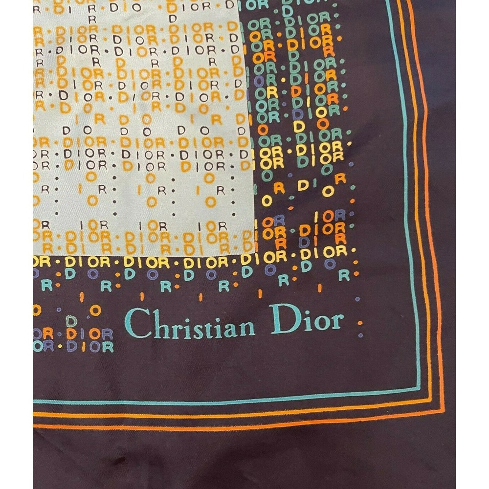 Vintage Christian Dior Womens Square Scarf Navy Blue Retro Monogram Print Silk - Picture 10 of 12